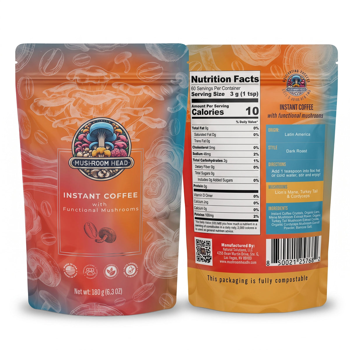 Mushroom Head Instant Coffee with Functional Mushrooms (180g / 60 Servings)